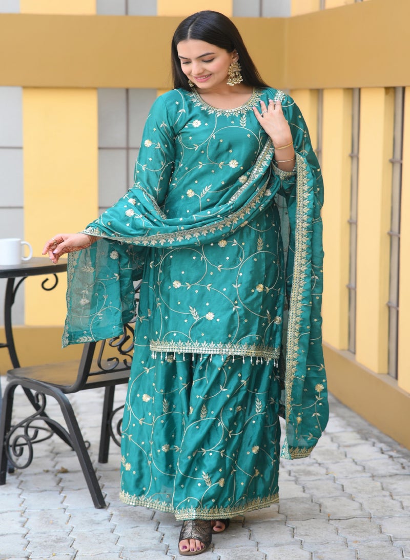 Presenting new peacock designer embroidered Chinnon suit with sequence embroidered work - Image 2