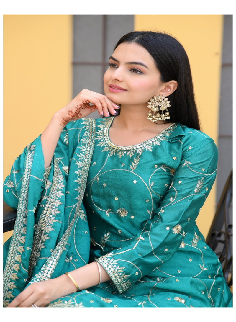 Presenting new peacock designer embroidered Chinnon suit with sequence embroidered work - Image 3