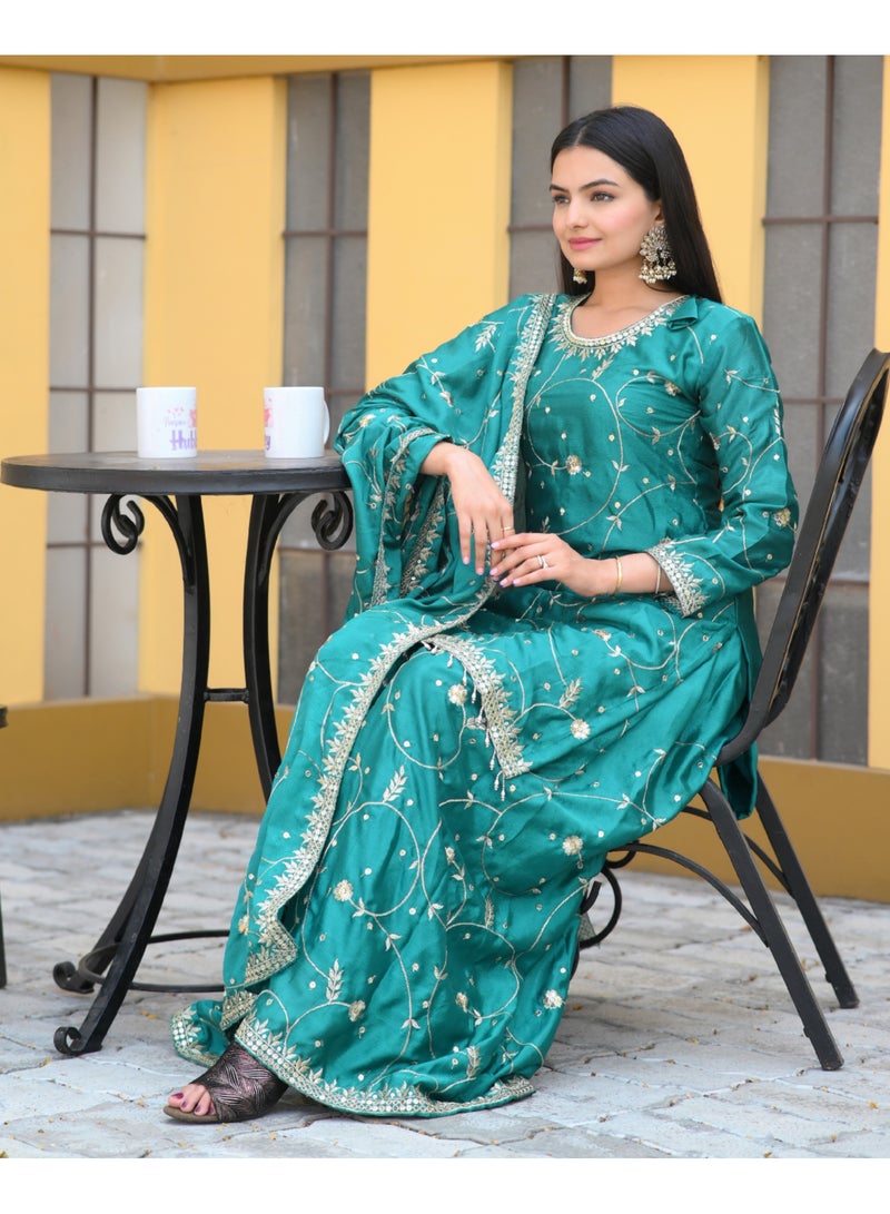 Presenting new peacock designer embroidered Chinnon suit with sequence embroidered work - Image 4