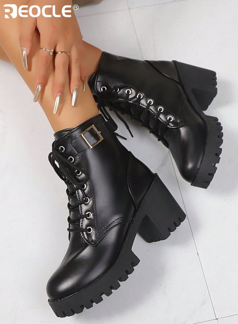 ريوكل حذاء نسائي قتالي بكعب سميك ونعل سميك ومنصة مع رباط إغلاق قابل للتعديل وإبزيم جانبي وخياطة معززة وتصميم عصري ونعل سميك للكاحل للارتداء اليومي والنزهات غير الرسمية - Image 5