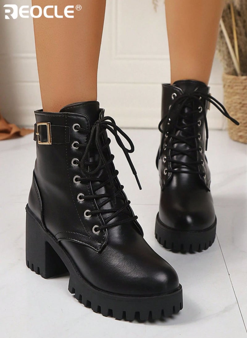 ريوكل حذاء نسائي قتالي بكعب سميك ونعل سميك ومنصة مع رباط إغلاق قابل للتعديل وإبزيم جانبي وخياطة معززة وتصميم عصري ونعل سميك للكاحل للارتداء اليومي والنزهات غير الرسمية - Image 2