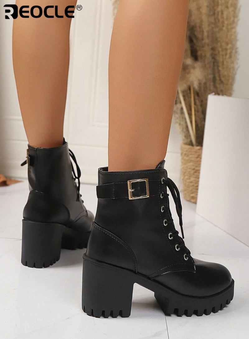 REOCLE Women's Platform Chunky-Heel Combat Boots with Adjustable Lace-Up Closure Side Buckle Accent Reinforced Stitching Edgy Silhouette Thick Sole Ankle Boots for Daily Wear and Casual Outings - Image 3