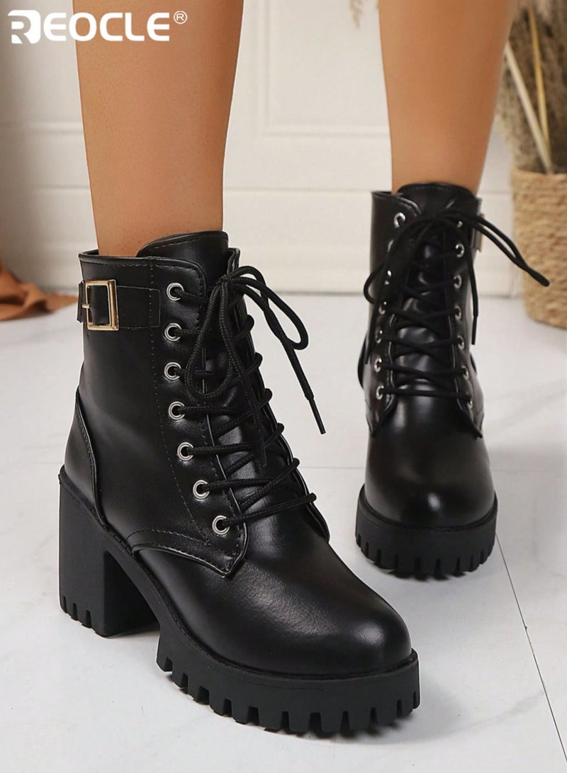 REOCLE Women's Platform Chunky-Heel Combat Boots with Adjustable Lace-Up Closure Side Buckle Accent Reinforced Stitching Edgy Silhouette Thick Sole Ankle Boots for Daily Wear and Casual Outings - Image 2