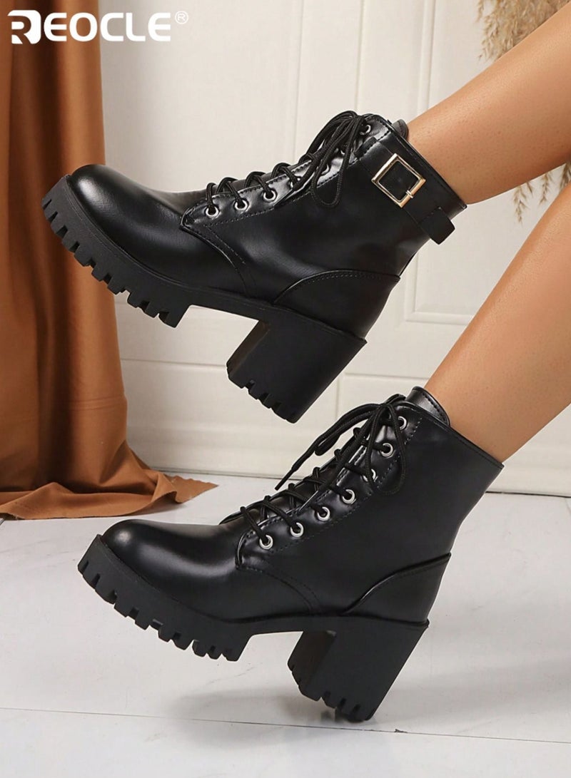 REOCLE Women's Platform Chunky-Heel Combat Boots with Adjustable Lace-Up Closure Side Buckle Accent Reinforced Stitching Edgy Silhouette Thick Sole Ankle Boots for Daily Wear and Casual Outings - Image 1