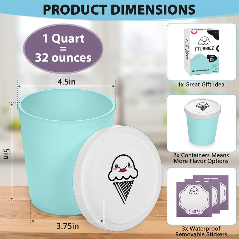 TTUBBIEZ Ice Cream Containers (2 Pack - 1 Quart Each), Ice Cream Containers for Homemade Ice Cream, Ice Cream Storage Containers, 1 Quart Freezer Containers for Ice Cream Storage - Mint Chip - Image 3