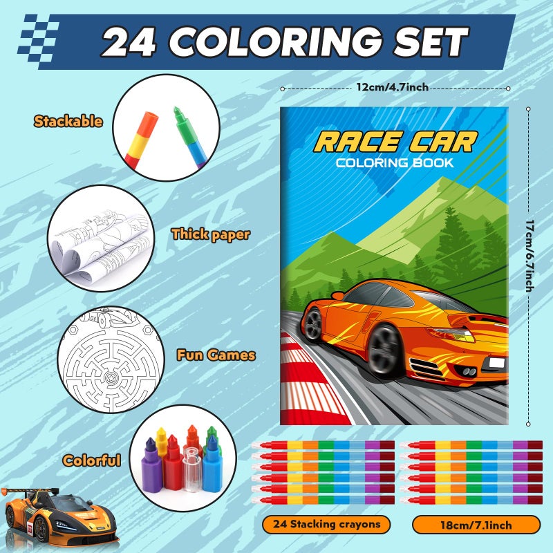 BenLouis 24 Race Car Mini Coloring Books Kids with 24 Stacking Crayons Racing Theme Party Favors Activity Books Bulk for Kids Fast Racecar Wheel Birthday Goodie Bag Gift Stuffer Classroom Reward - Image 2