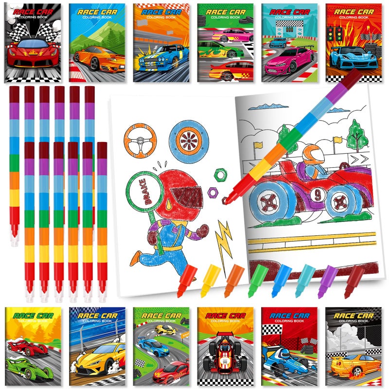 BenLouis 24 Race Car Mini Coloring Books Kids with 24 Stacking Crayons Racing Theme Party Favors Activity Books Bulk for Kids Fast Racecar Wheel Birthday Goodie Bag Gift Stuffer Classroom Reward - Image 1