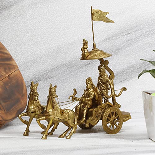 ARTVARKO Mahabharat/Geeta Arjun Chariot (Rath) with Krishna & Hanuman: Sculpted in Solid Brass Metal | Lord Krishna Arjun Rath Idol Showpieces - Image 1