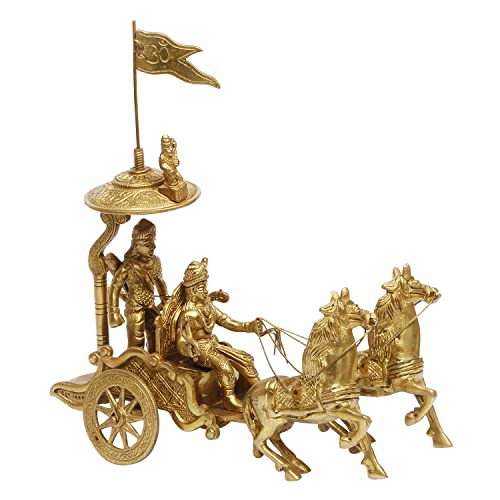 ARTVARKO Mahabharat/Geeta Arjun Chariot (Rath) with Krishna & Hanuman: Sculpted in Solid Brass Metal | Lord Krishna Arjun Rath Idol Showpieces - Image 3