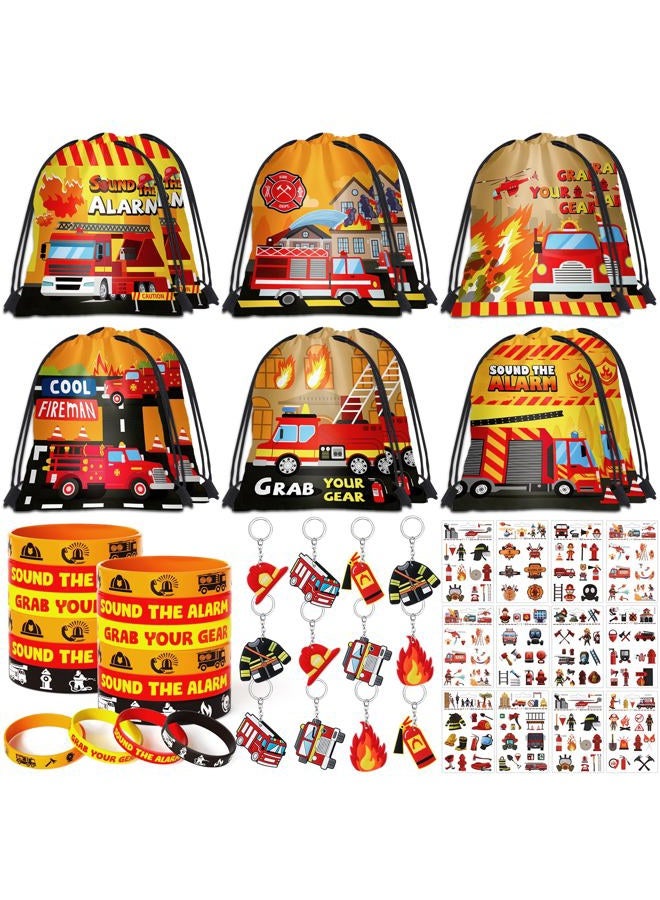 SNLN Fire Truck Party Favors Birthday Supplies, Firefighter Drawstring Bag Keychain Silicone Bracelet Tattoo Sticker, Firetruck Birthday Party Goodie Bag Stuffers Fillers Classroom Rewards for Kid - Image 1