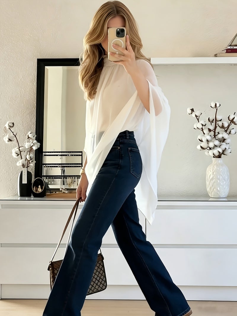 Cat Ear Directional Women'S Elegant Asymmetrical Hem Chiffon Top, Suitable for Daily Commute, Casual Wear, And Outing Dates, Versatile Style, Inner Layer Not Included - White / XS - Image 4