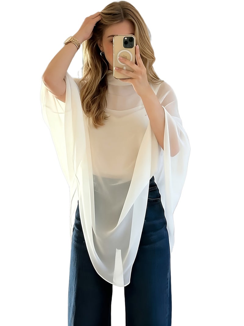 Cat Ear Directional Women'S Elegant Asymmetrical Hem Chiffon Top, Suitable for Daily Commute, Casual Wear, And Outing Dates, Versatile Style, Inner Layer Not Included - White / XS - Image 1
