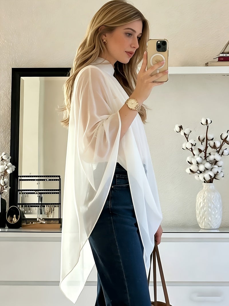 Cat Ear Directional Women'S Elegant Asymmetrical Hem Chiffon Top, Suitable for Daily Commute, Casual Wear, And Outing Dates, Versatile Style, Inner Layer Not Included - White / XS - Image 2