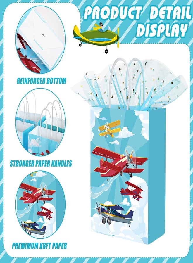 Outus 24 Pcs Airplane Party Favor Bags Paper Airplane Goodie Bags Plain Gift Pouch‌ Blue Aircraft Candy Treat Pouch‌ with Handles for Birthday Party Decorations Supplies - Image 4