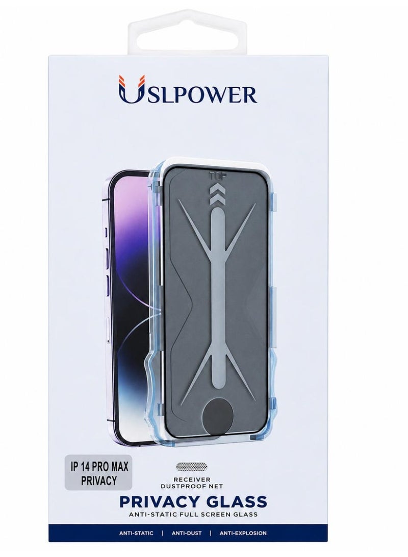 USLPOWER Privacy Glass Screen Protector for iPhone 14 Pro Max, Anti Spy Full Coverage Tempered Glass, Anti Scratch Anti Fingerprint Easy Install Dust Free Alignment Frame - Image 1