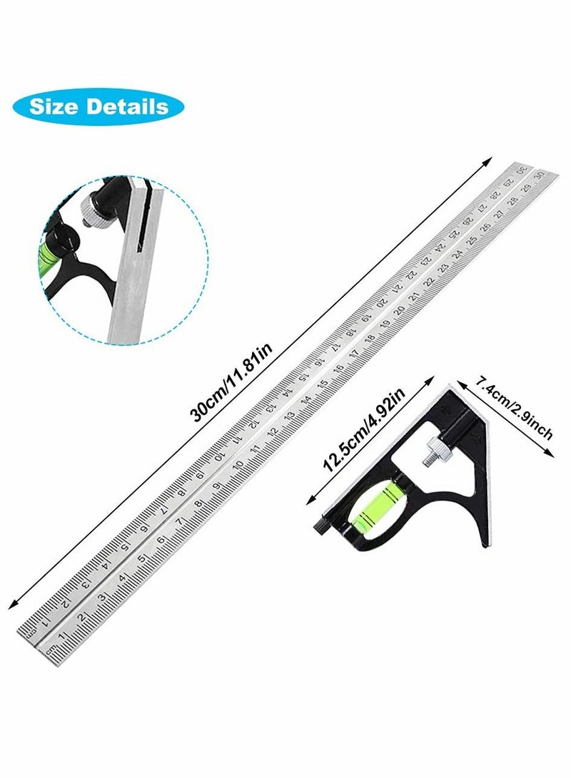 Combination Square 12Inch/300mm, Engineers Set Square, Stainless Steel Angle Ruler, Adjustable Carpentry Square 45/90 Degree with Bubble Level, Measuring Tool for Engineer Carpenter - Image 2