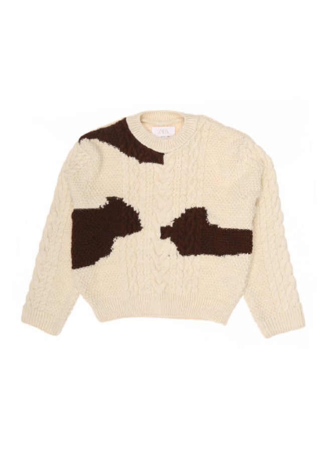 Zara kids' Color-block Cable Knit Round Neck Long Sleeve Sweater - Image 1