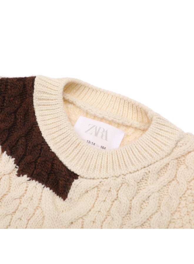 Zara kids' Color-block Cable Knit Round Neck Long Sleeve Sweater - Image 4