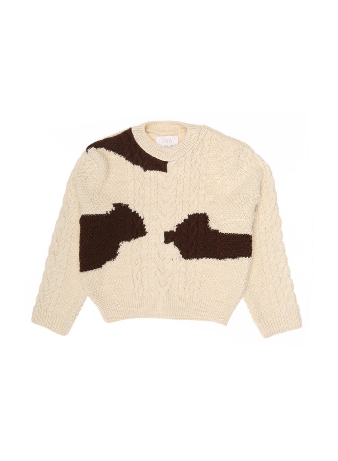 Zara kids' Color-block Cable Knit Round Neck Long Sleeve Sweater - Image 2