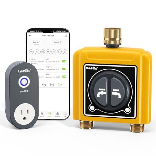 RAINPOINT WiFi Water Timer with Brass Inlet & Outlet，2 Zone WiFi Hose Timer for Lawn,WiFi Sprinkler Controller via APP/Voice Control,Automatic Watering System by Time/Weather/Quantity/Soil Moisture - Image 1