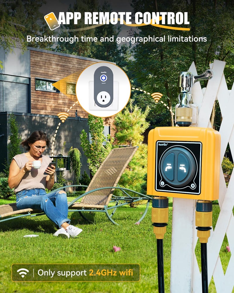 RAINPOINT WiFi Water Timer with Brass Inlet & Outlet，2 Zone WiFi Hose Timer for Lawn,WiFi Sprinkler Controller via APP/Voice Control,Automatic Watering System by Time/Weather/Quantity/Soil Moisture - Image 3