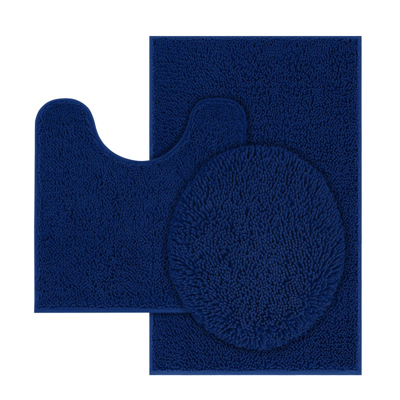 TREETONE Chenille Bath Mat 3 Pieces Bathroom Rugs Set 20x20 Inches UShape Contoured Toilet Mat 20x32Inches Rug Lid CoverSoft Water Absorbent Plush Rugs for Tub Shower Bath Room Navy Blue