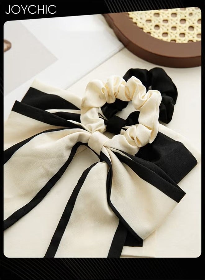 Joychic 2Pcs Black Beige Hair Scarf with Ribbon Bow Scrunchies for Women Girls, Bow Scrunchies for Hair, Ribbon Hair Ties with Bow, Chiffon Hair Ribbon Short Hair Bands Ties Ponytail Holder - Image 1