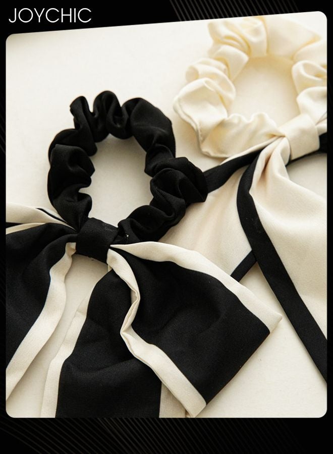 Joychic 2Pcs Black Beige Hair Scarf with Ribbon Bow Scrunchies for Women Girls, Bow Scrunchies for Hair, Ribbon Hair Ties with Bow, Chiffon Hair Ribbon Short Hair Bands Ties Ponytail Holder - Image 2