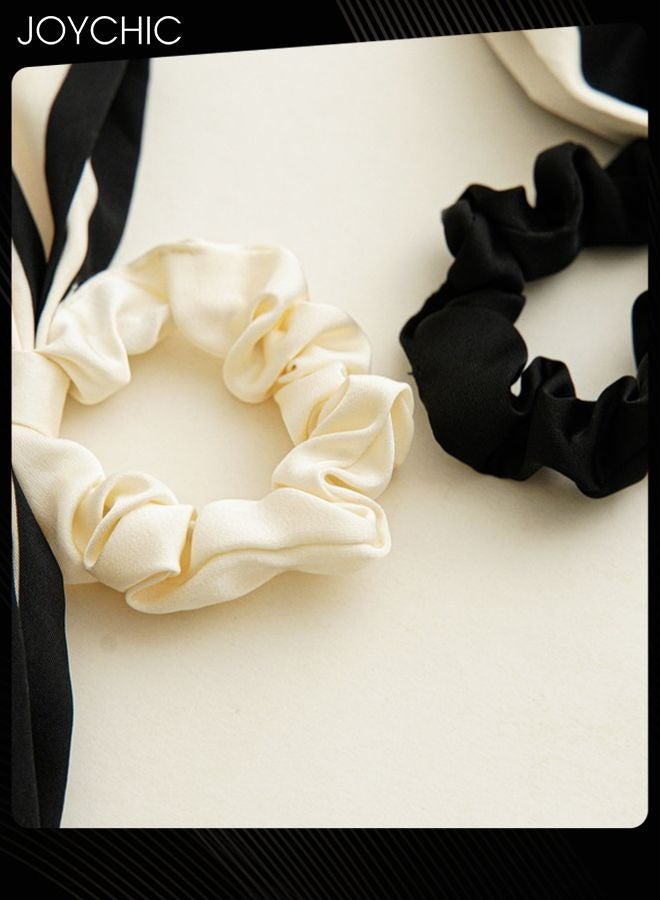 Joychic 2Pcs Black Beige Hair Scarf with Ribbon Bow Scrunchies for Women Girls, Bow Scrunchies for Hair, Ribbon Hair Ties with Bow, Chiffon Hair Ribbon Short Hair Bands Ties Ponytail Holder - Image 3