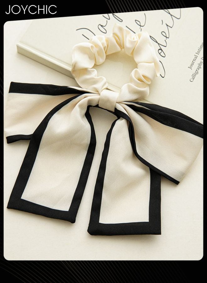 Joychic 2Pcs Black Beige Hair Scarf with Ribbon Bow Scrunchies for Women Girls, Bow Scrunchies for Hair, Ribbon Hair Ties with Bow, Chiffon Hair Ribbon Short Hair Bands Ties Ponytail Holder - Image 5