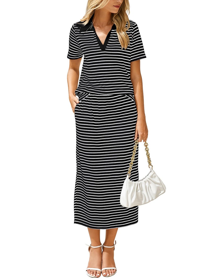 Glamaker Womens 2 Piece Skirt Sets - Short Sleeve Skirt And Top - Black Stripe S - Image 1