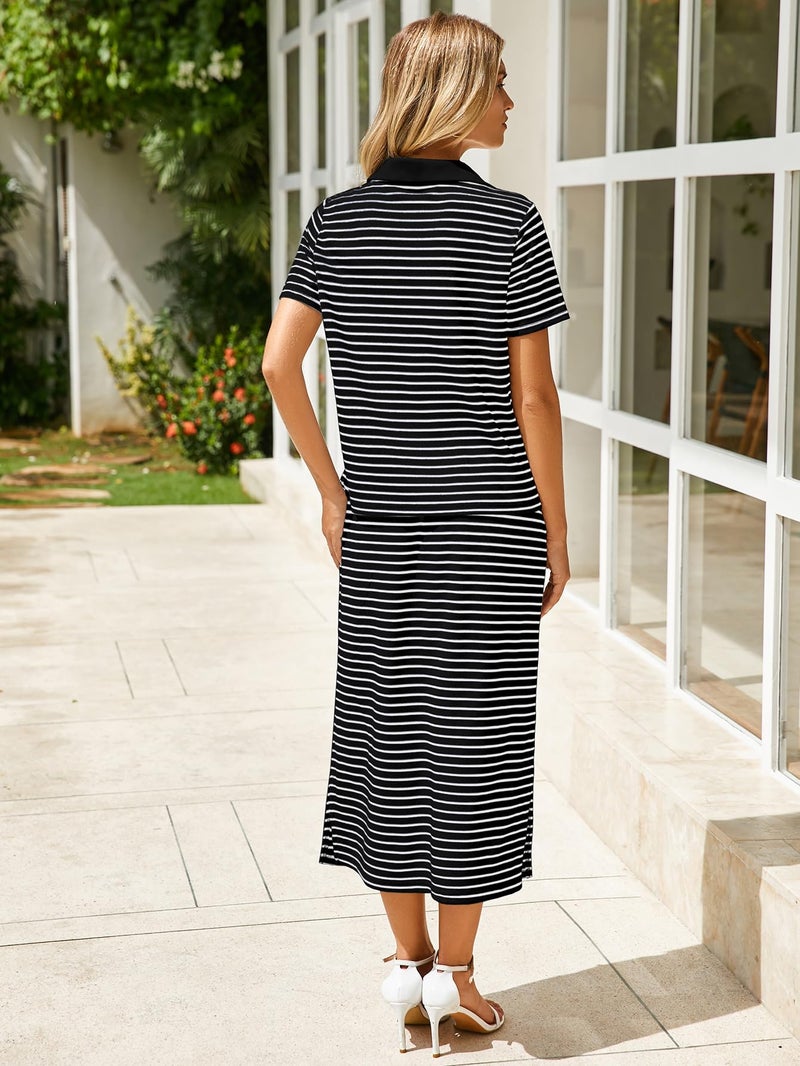 Glamaker Womens 2 Piece Skirt Sets - Short Sleeve Skirt And Top - Black Stripe S - Image 5