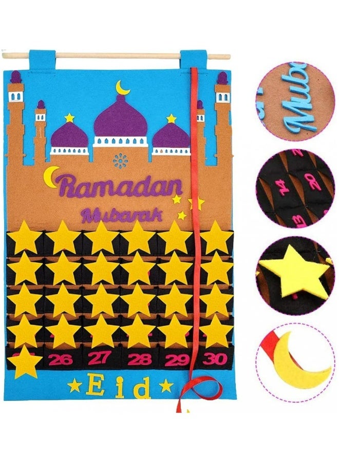 Topleo Felt Ramadan Advent Calendar, Eid Calendar Countdown Calendar Eid Mubarak Hanging Felt for Kids Eid Gifts Home Wall Hanging Ramadan Decorations Ornaments with 30 Reusable Stars - Image 3