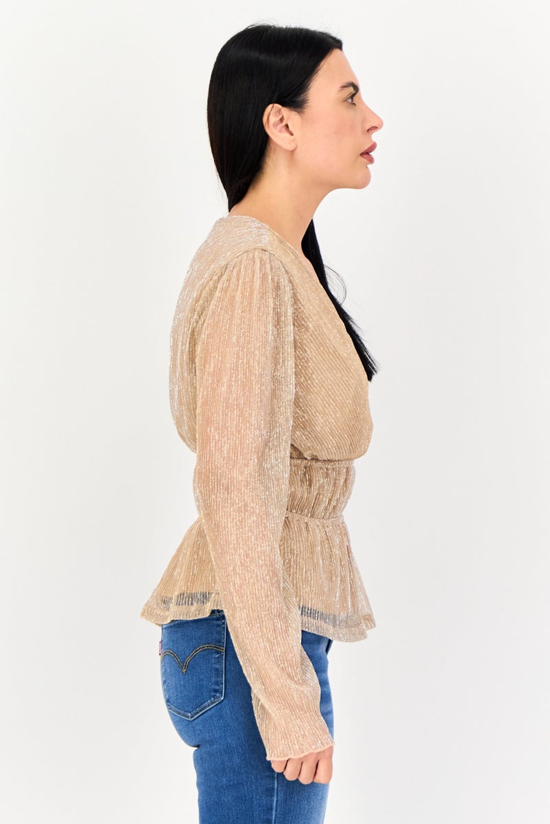 ONLY Women V-Neck Metallic Long Sleeve Blouse, Tan - Image 2