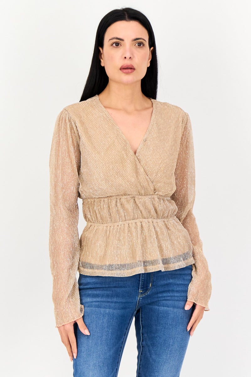 ONLY Women V-Neck Metallic Long Sleeve Blouse, Tan - Image 1