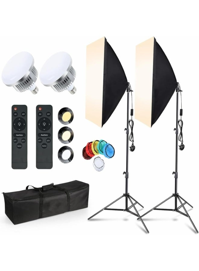 بيكنجينوس عدسة التصوير الضوئي سوفت بوكس، نظام إضاءة مستمر احترافي للتصوير بمقاس 50×70 سم، مع لمبتين LED بقاعدة E27 بقوة 150 واط ودرجة حرارة لونية 3200K-6500K وريموت تحكم عن بعد للصور الشخصية ومنتجات الأزياء - Image 1