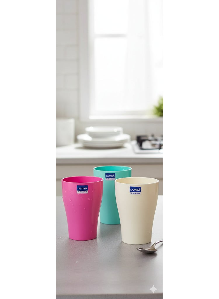 طقم أكواب بلاستيك متعدد الألوان من لمسة بلاست (3 قطع) | متينة، قابلة للتكديس وخالية من BPA | مثالية للأطفال، النزهات والاستخدام اليومي - Image 1