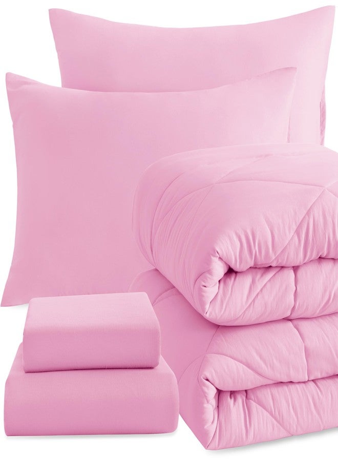 NTBAY Twin Comforter Set with Sheets, 5 Pieces Soft and Breathable Twin Bedding Set, Twin Bed in a Bag, Down Alternative Comforter Set Solid Color All Season, Kids Bedding Set, Pink - Image 1