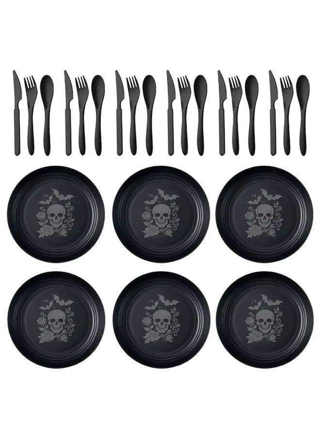 24pcs Gothic Skull Plastic Tableware Set Laser Engraved Plates Black Knives Forks Spoons - Image 1