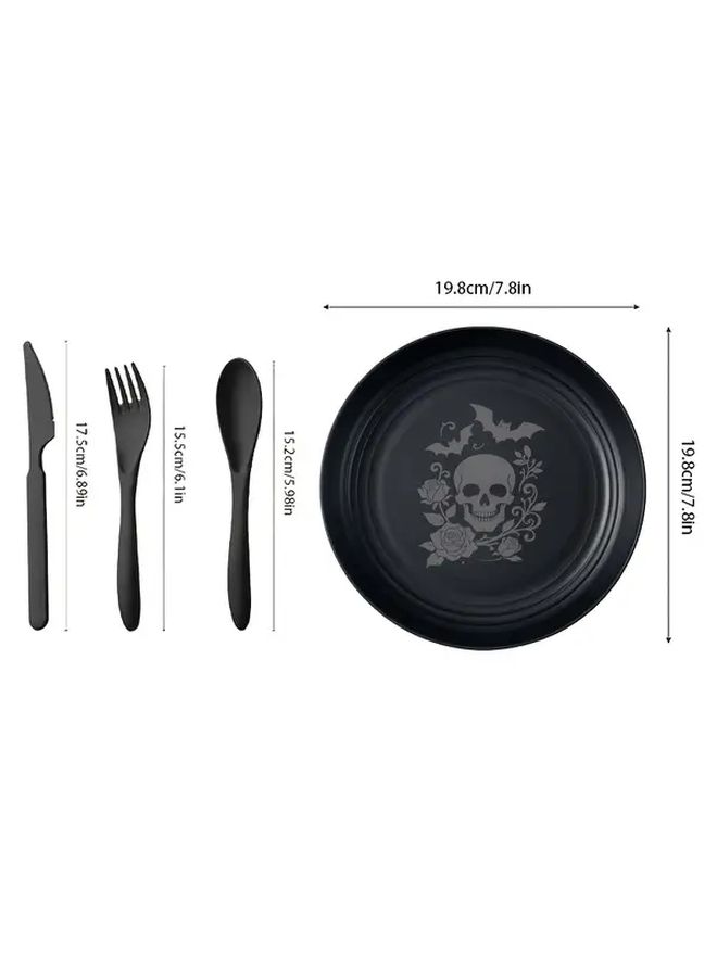 24pcs Gothic Skull Plastic Tableware Set Laser Engraved Plates Black Knives Forks Spoons - Image 3