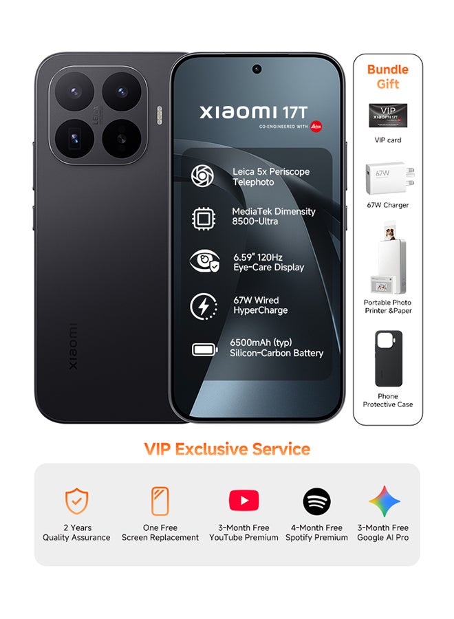 Xiaomi 17T Dual SIM 5G Black 12GB RAM 512GB + Portable photo printer pro + Sublimation Photo Paper(20) - Global Version