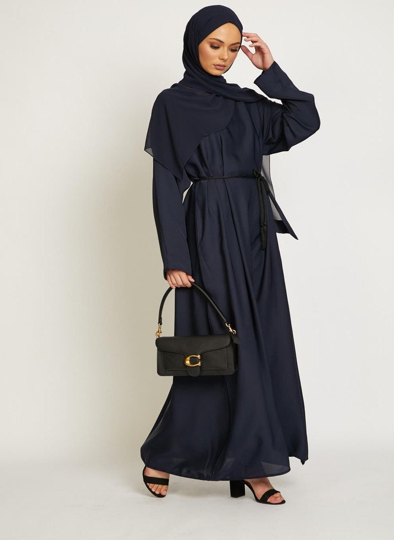 NUKHBAA Elegant Navy Blue plain abaya wityh belt and Hijab-AB86  - Image 1