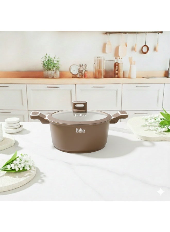 قِدر جوليا  إيليت بروف 28 سم مع غِطاء - بُني - جرانيت بيج غير لاصق - يدعم الحث الحراري