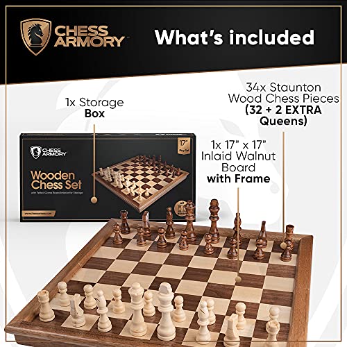 Chess Armory Wooden Chess Set – 17-Inch Large Chess Board with Felted Storage Box, Extra Queens & Handcrafted Staunton Pieces - Image 2