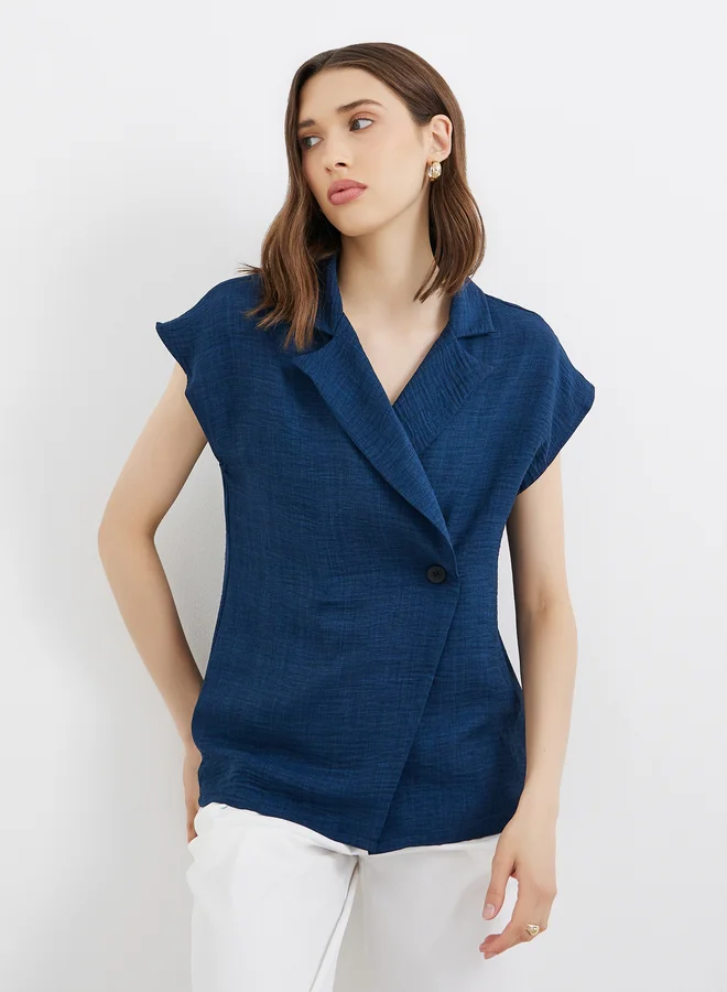Take Two Take Two Women Dark Blue Solid Sleeveless Wrap Shirt