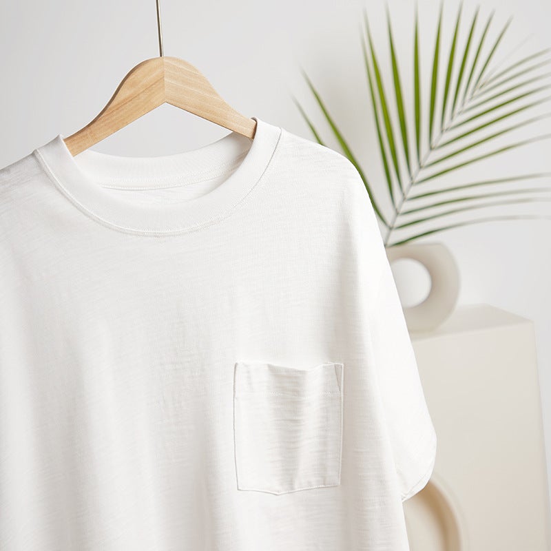 Spring and Summer Niche Design Top Line Chest Bag Wide Crewneck Short Sleeve T-shirt Womens Heavy Slub Cotton Texture Loose Half Sleeve White - Image 2