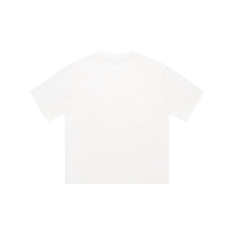Spring and Summer Niche Design Top Line Chest Bag Wide Crewneck Short Sleeve T-shirt Womens Heavy Slub Cotton Texture Loose Half Sleeve White - Image 1