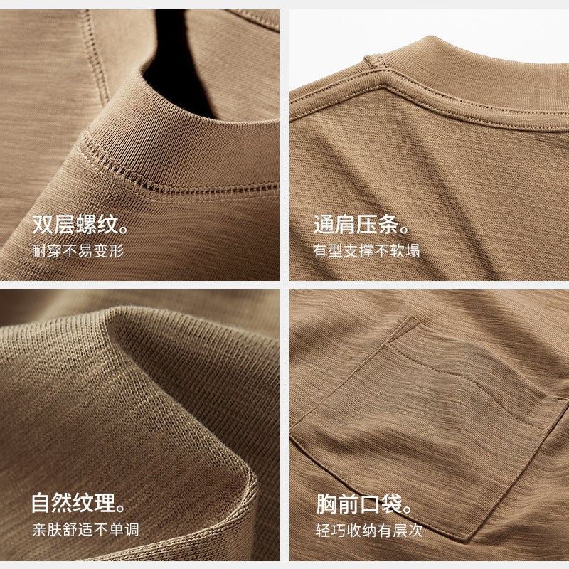 Spring and Summer Niche Design Top Line Chest Bag Wide Crewneck Short Sleeve T-shirt Womens Heavy Slub Cotton Texture Loose Half Sleeve White - Image 5