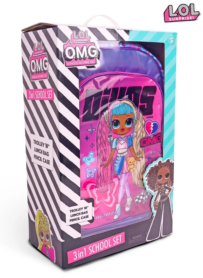 MGA LOL-OMG  18 Inch Kids 3-in-1 Trolley School Bag Set - Ergonomic Backpack, Insulated Lunch Bag & Pencil Case,Lightweight, Durable, Students 6+ - Perfect for Travel & School,For Girls