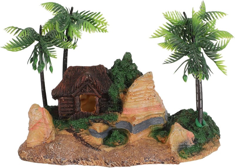 Fish Tank Coconut Tree: Resin Landscaping Palm Tree & House - Betta Fish/Shrimp Cave Ornament - Betta Hide Natural-Looking Aquarium Cave - Image 1